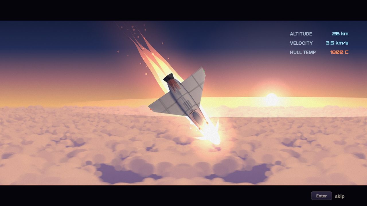 The ship falling through the clouds at sunrise, burning, its readout counting down the altitude and the speed.