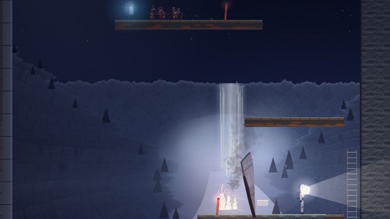 The Gorge at night: the pilot on a ledge beside a burning piece of the wing, the helmet lamp lighting the canyon, a waterfall pouring off the far wall behind and a ladder up the near one.