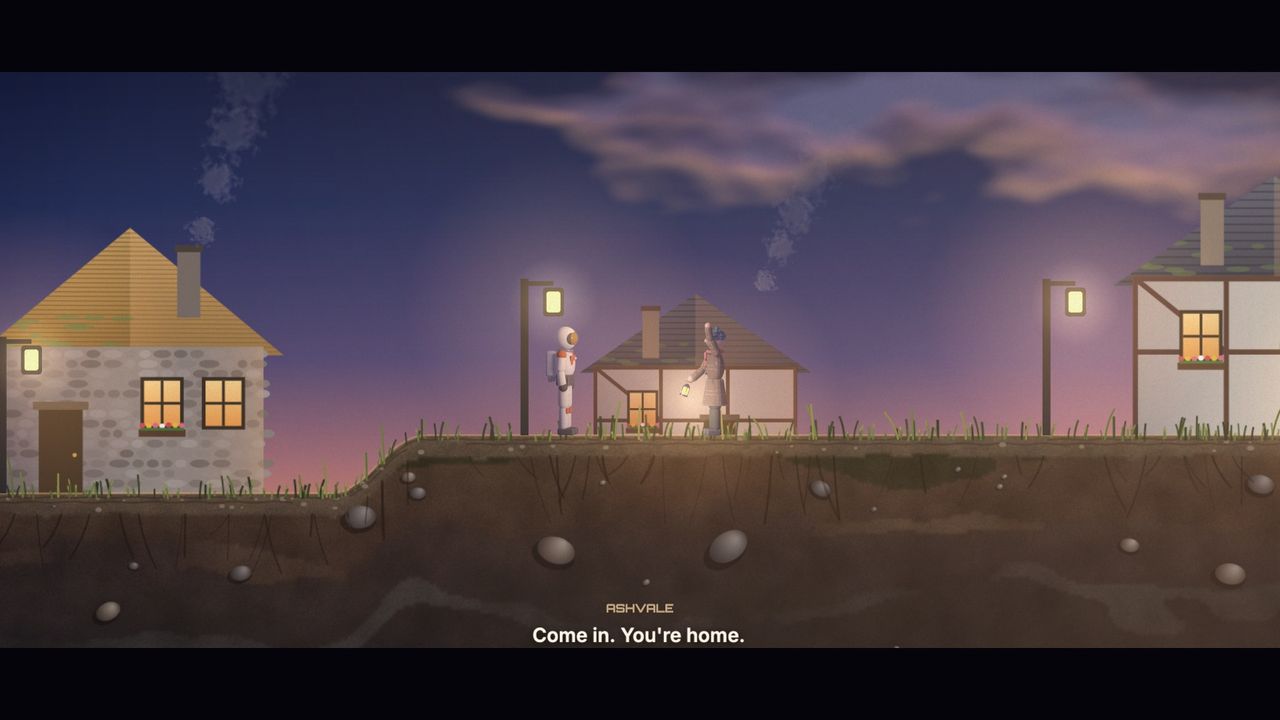 The ending, in Ashvale at dawn: the pilot and a villager with a lantern on the road between the cottages, and the words: Come in. You're home.