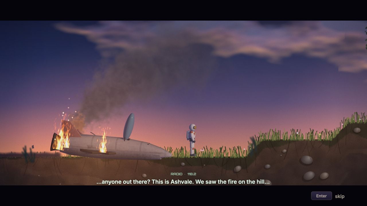 The pilot beside the burning wreck at dusk, as words from the radio run along the bottom: anyone out there? This is Ashvale.