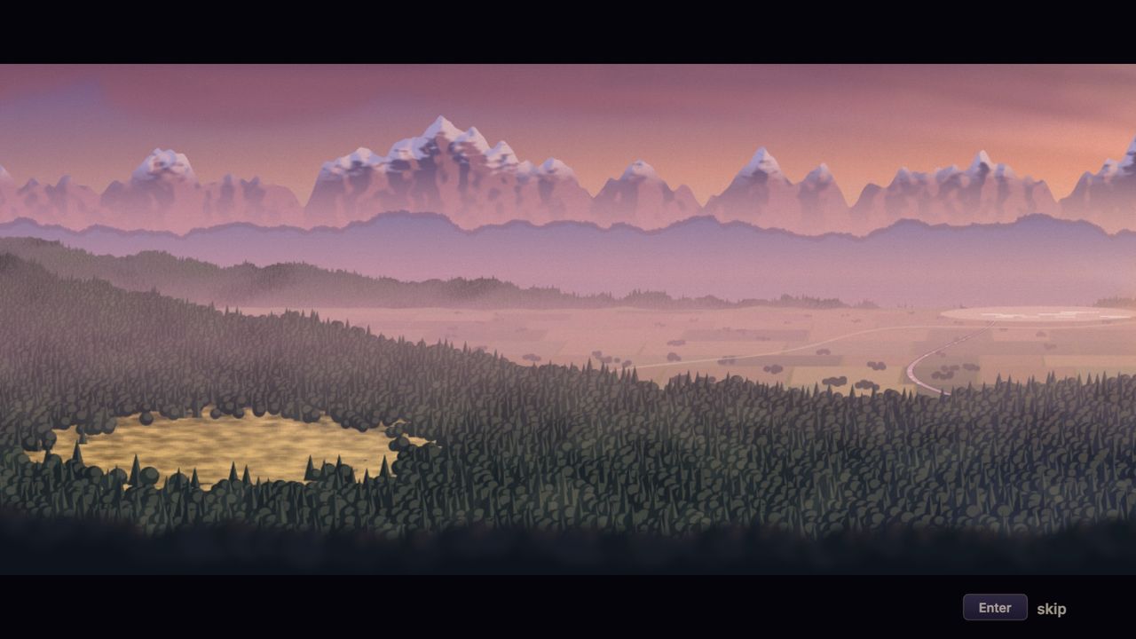 A painted valley under the cloud: forest down to a clearing, a river plain beyond, snowy mountains in a pink dawn.